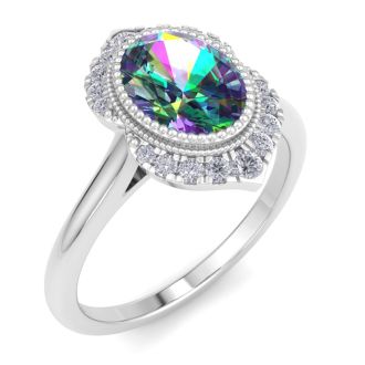 1-3/4 Carat Oval Shape Mystic Topaz Ring and Diamond Halo In 14 Karat White Gold