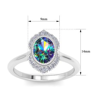 1-3/4 Carat Oval Shape Mystic Topaz Ring and Diamond Halo In 14 Karat White Gold