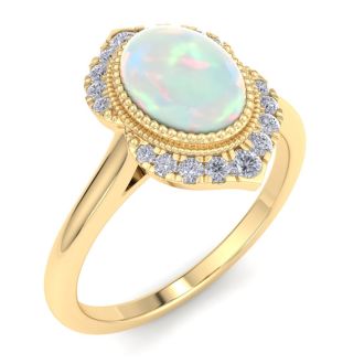 1-1/5 Carat Oval Shape Opal Ring and Diamonds In 14K Yellow Gold