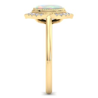 1-1/5 Carat Oval Shape Opal Ring and Diamonds In 14K Yellow Gold