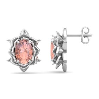 1-1/2 Carat Oval Shape Morganite Ornate Stud Earrings In 14K White Gold