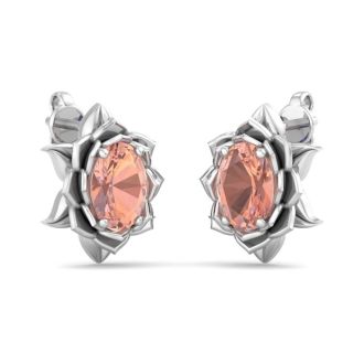 1-1/2 Carat Oval Shape Morganite Ornate Stud Earrings In 14K White Gold