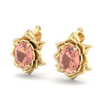 1-1/2 Carat Oval Shape Morganite Ornate Stud Earrings In 14K Yellow Gold
