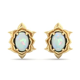 1-1/2 Carat Oval Shape Opal Stud Earrings In 14K Yellow Gold