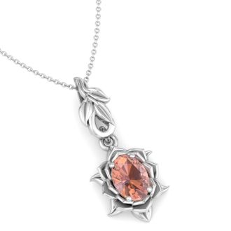 3/4 Carat Oval Shape Morganite Necklace Ornate Design In 14K White Gold With 18 Inch Chain