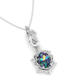 1 Carat Oval Shape Mystic Topaz Necklace In 14 Karat White Gold, 18 Inches