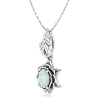 3/4 Carat Oval Shape Opal Ornate Necklace In 14K White Gold