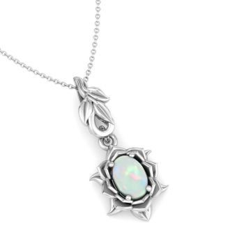 3/4 Carat Oval Shape Opal Ornate Necklace In 14K White Gold