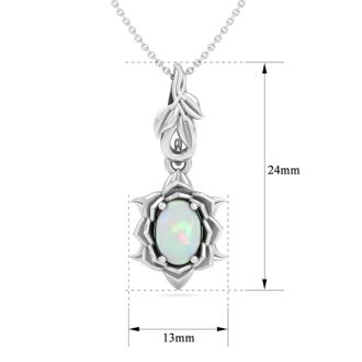 3/4 Carat Oval Shape Opal Ornate Necklace In 14K White Gold