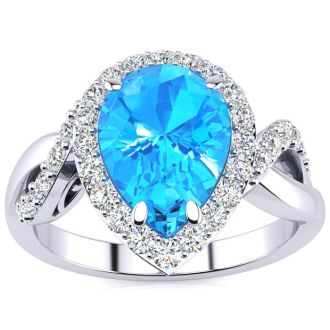 2 1/2ct Pear Shape Blue Topaz and Diamond Ring in 14K White Gold