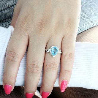 2 1/2ct Pear Shape Blue Topaz and Diamond Ring in 14K White Gold