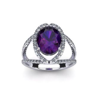 1 1/2 Carat Oval Shape Amethyst and Halo Diamond Ring In 14 Karat White Gold