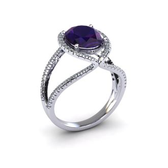 1 1/2 Carat Oval Shape Amethyst and Halo Diamond Ring In 14 Karat White Gold