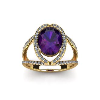 1 1/2 Carat Oval Shape Amethyst and Halo Diamond Ring In 14 Karat Yellow Gold