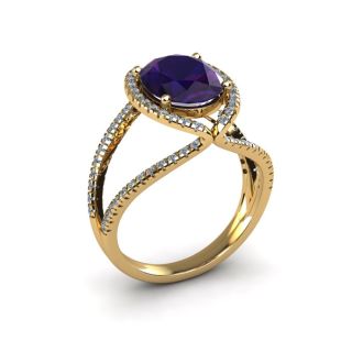 1 1/2 Carat Oval Shape Amethyst and Halo Diamond Ring In 14 Karat Yellow Gold