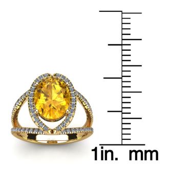 1 1/2 Carat Oval Shape Citrine and Halo Diamond Ring In 14 Karat Yellow Gold