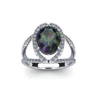 1-1/2 Carat Oval Shape Mystic Topaz Ring With Fancy Diamond Halo In 14 Karat White Gold