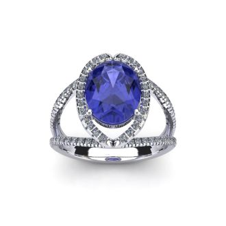 1 3/4 Carat Oval Shape Tanzanite and Halo Diamond Ring In 14 Karat White Gold
