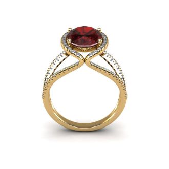 Garnet Ring: Garnet Jewelry: 2 Carat Oval Shape Garnet and Halo Diamond Ring In 14 Karat Yellow Gold
