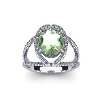 1 1/2 Carat Oval Shape Green Amethyst and Halo Diamond Ring In 14 Karat White Gold
