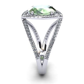 1 1/2 Carat Oval Shape Green Amethyst and Halo Diamond Ring In 14 Karat White Gold
