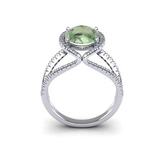 1 1/2 Carat Oval Shape Green Amethyst and Halo Diamond Ring In 14 Karat White Gold

