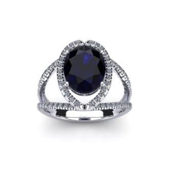 2 Carat Oval Shape Sapphire and Halo Diamond Ring In 14 Karat White Gold
