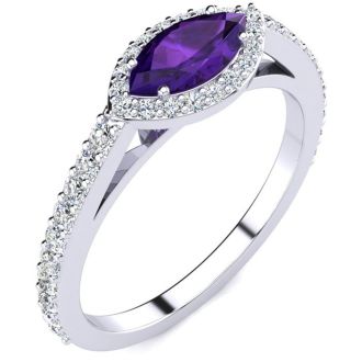 3/4 Carat Marquise Shape Amethyst and Halo Diamond Ring In 14 Karat White Gold