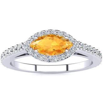 3/4 Carat Marquise Shape Citrine and Halo Diamond Ring In 14 Karat White Gold