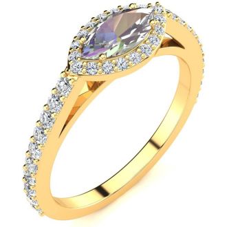 3/4 Carat Marquise Shape Mystic Topaz Ring With Diamond Halo In 14 Karat Yellow Gold