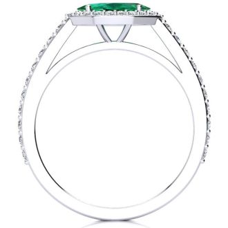 3/4 Carat Marquise Shape Emerald and Halo Diamond Ring In 14 Karat White Gold