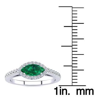 3/4 Carat Marquise Shape Emerald and Halo Diamond Ring In 14 Karat White Gold