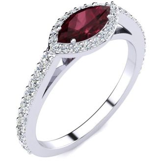 Garnet Ring: Garnet Jewelry: 1 Carat Marquise Shape Garnet and Halo Diamond Ring In 14 Karat White Gold