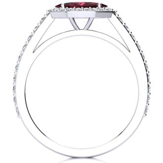 Garnet Ring: Garnet Jewelry: 1 Carat Marquise Shape Garnet and Halo Diamond Ring In 14 Karat White Gold