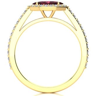 Garnet Ring: Garnet Jewelry: 1 Carat Marquise Shape Garnet and Halo Diamond Ring In 14 Karat Yellow Gold