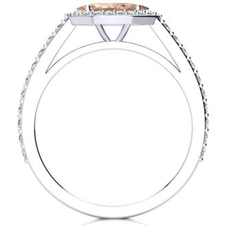 3/4 Carat Marquise Shape Morganite and Halo Diamond Ring In 14 Karat White Gold