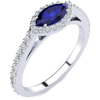 1 Carat Marquise Shape Sapphire and Halo Diamond Ring In 14 Karat White Gold