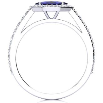 1 Carat Marquise Shape Sapphire and Halo Diamond Ring In 14 Karat White Gold