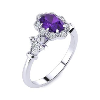 3/4 Carat Oval Shape Amethyst and Halo Diamond Vintage Ring In 14 Karat White Gold