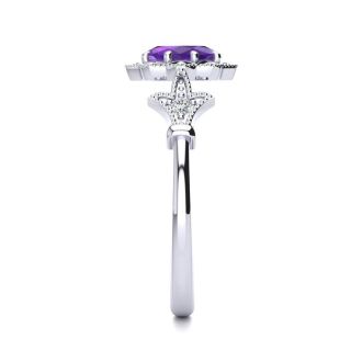 3/4 Carat Oval Shape Amethyst and Halo Diamond Vintage Ring In 14 Karat White Gold