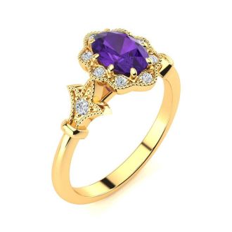 3/4 Carat Oval Shape Amethyst and Halo Diamond Vintage Ring In 14 Karat Yellow Gold