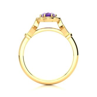 3/4 Carat Oval Shape Amethyst and Halo Diamond Vintage Ring In 14 Karat Yellow Gold