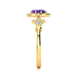 3/4 Carat Oval Shape Amethyst and Halo Diamond Vintage Ring In 14 Karat Yellow Gold