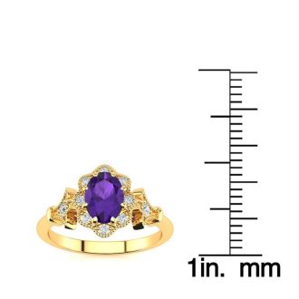 3/4 Carat Oval Shape Amethyst and Halo Diamond Vintage Ring In 14 Karat Yellow Gold