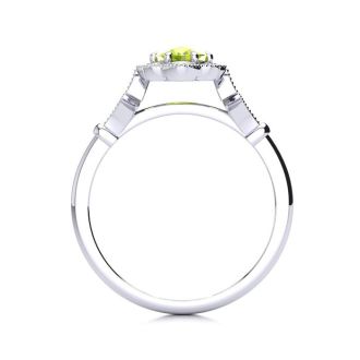 1 Carat Oval Shape Peridot and Halo Diamond Vintage Ring In 14 Karat White Gold