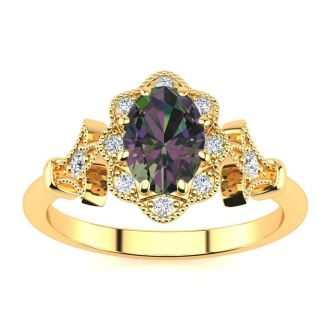 3/4 Carat Oval Shape Mystic Topaz and Halo Diamond Vintage Ring In 14 Karat Yellow Gold