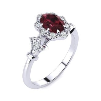 Garnet Ring: Garnet Jewelry: 1 Carat Oval Shape Garnet and Halo Diamond Vintage Ring In 14 Karat White Gold
