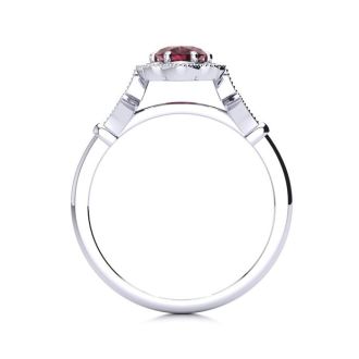 Garnet Ring: Garnet Jewelry: 1 Carat Oval Shape Garnet and Halo Diamond Vintage Ring In 14 Karat White Gold