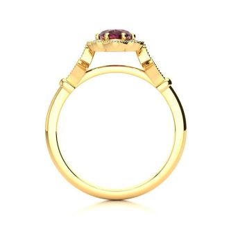 Garnet Ring: Garnet Jewelry: 1 Carat Oval Shape Garnet and Halo Diamond Vintage Ring In 14 Karat Yellow Gold