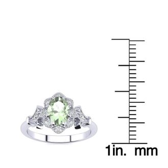 3/4 Carat Oval Shape Green Amethyst and Halo Diamond Vintage Ring In 14 Karat White Gold